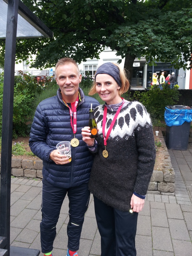 Halla and her boyfriend after the Reykjavik marathon